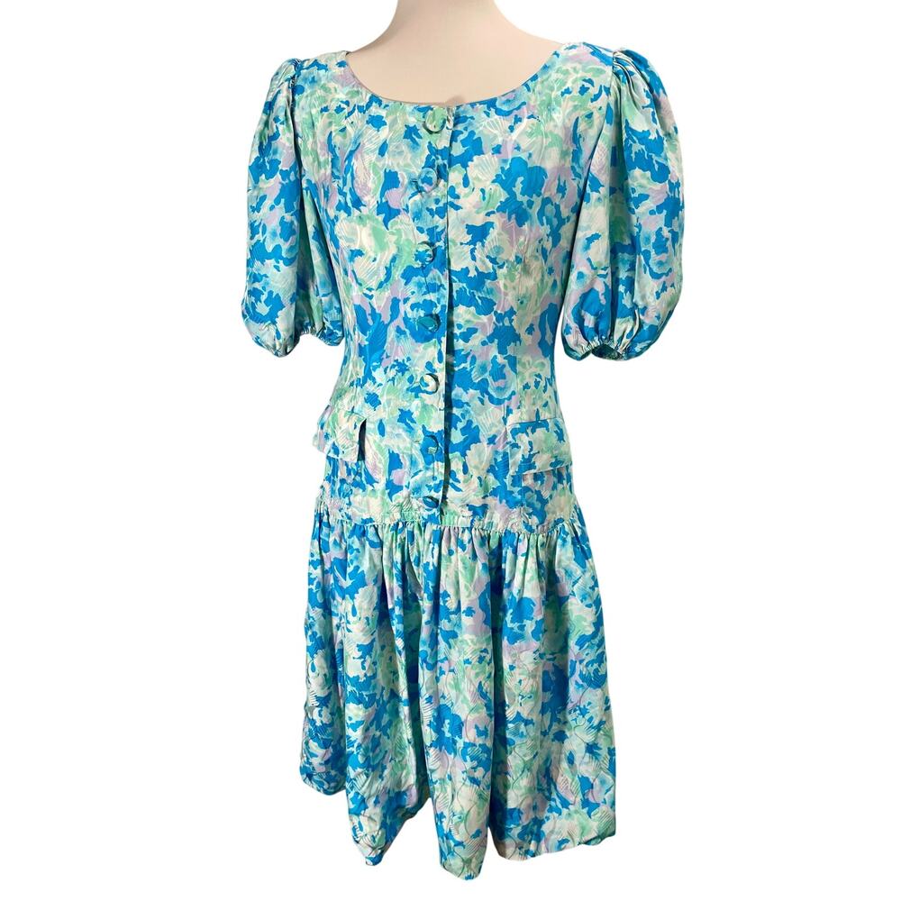 Vintage Handmade 80s Floral Tea Dress Puff Sleeves Drop Waist Blue Floral Medium